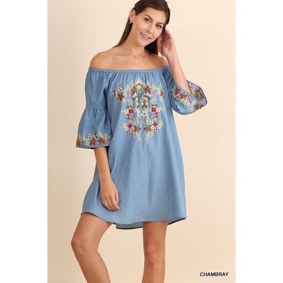 Umgee Embroidered Off the Shoulder Chambray Denim Shift Dress Bell Sleeve Sz S - Picture 1 of 12